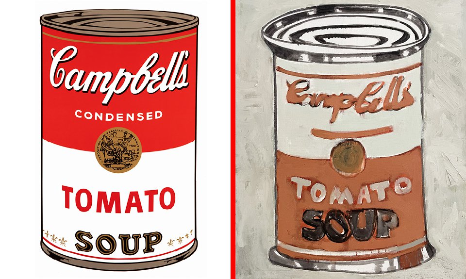 Авдей Тер-Оганьян. «Энди Уорхол. Campbells soup». 1994. Из серии «Картины для музея». / Энди Уорхол. «Суп «Кэмпбелл (Campbell Soup)». 1968.  Фото: Частная коллекция