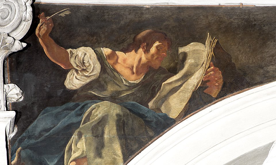 Одно из изображений евангелистов над алтарной картиной кисти Тинторетто, с которых началась программа «Художницы Венеции». Фото: Matteo De Fina