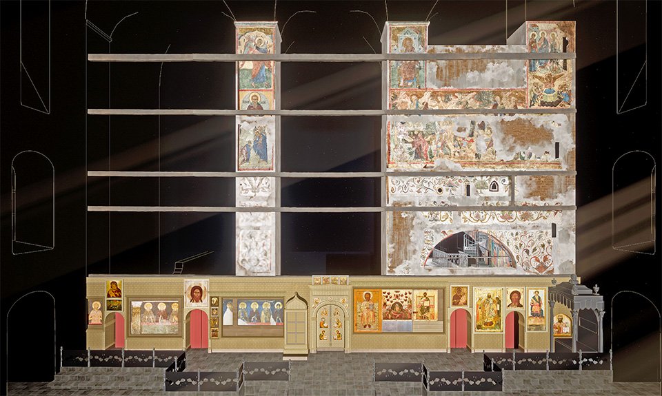 Фрески, обнаруженные на стене позади правой части иконостаса Успенского собора Кремля. Рендер. Фото: Музей Московского Кремля
