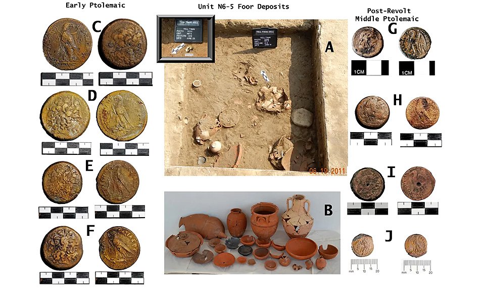 Монеты и керамика, обнаруженные в разрушенной комнате во время раскопок Тель-эль-Тимай. Фото: Tell Timai Project, Nottingham Trent University and University of Hawaii