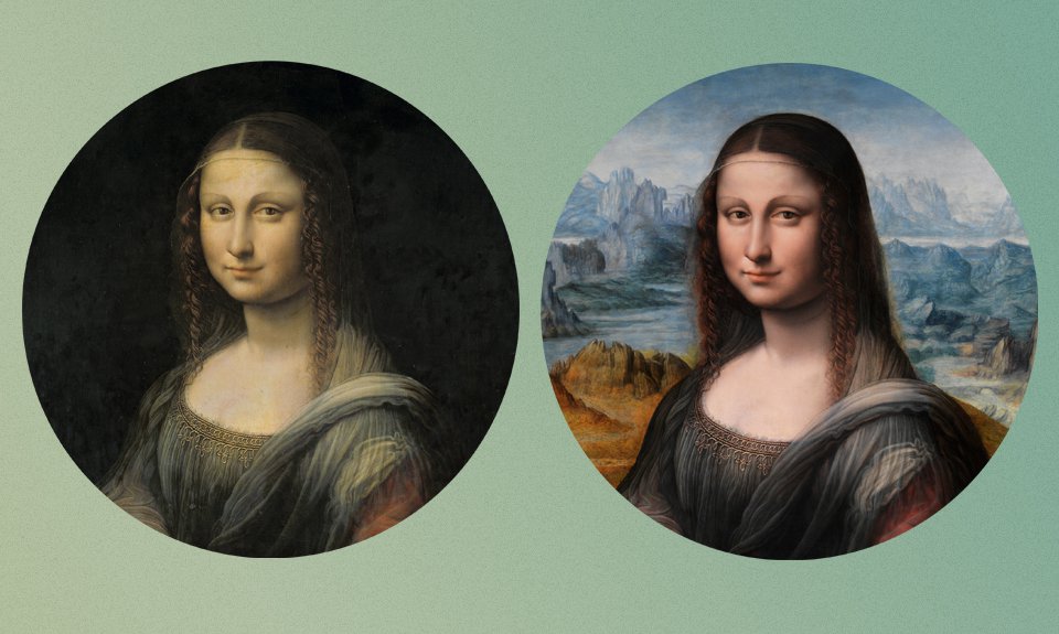 Копия «Моны Лизы». Фрагмент до и после реставрации. Фото: Wikipedia Commons