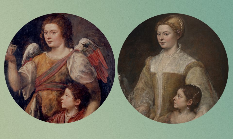 Тициан. «Портрет патрицианки с дочерью». Фрагмент до и после реставрации. Фото: Wikipedia Commons