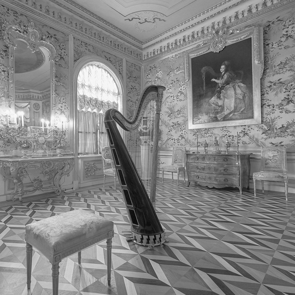 Арфа в Куропаточной гостиной Большого дворца. Фото: Дмитрий Яковлев