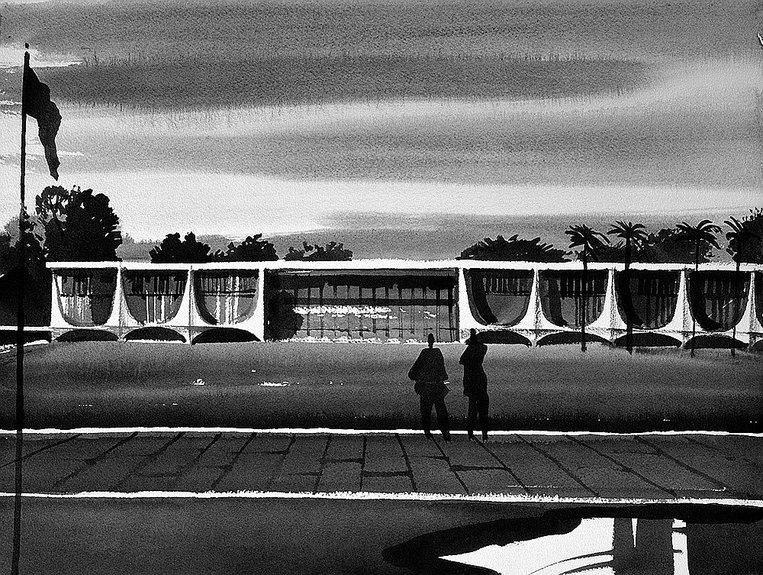 Президентский дворец Алворада в Бразилиа (Оскар Нимейер, 1958) с его характерной пластически развитой колоннадой является общепризнанным символом модернистской архитектуры. Рисунок Сергея Чобана