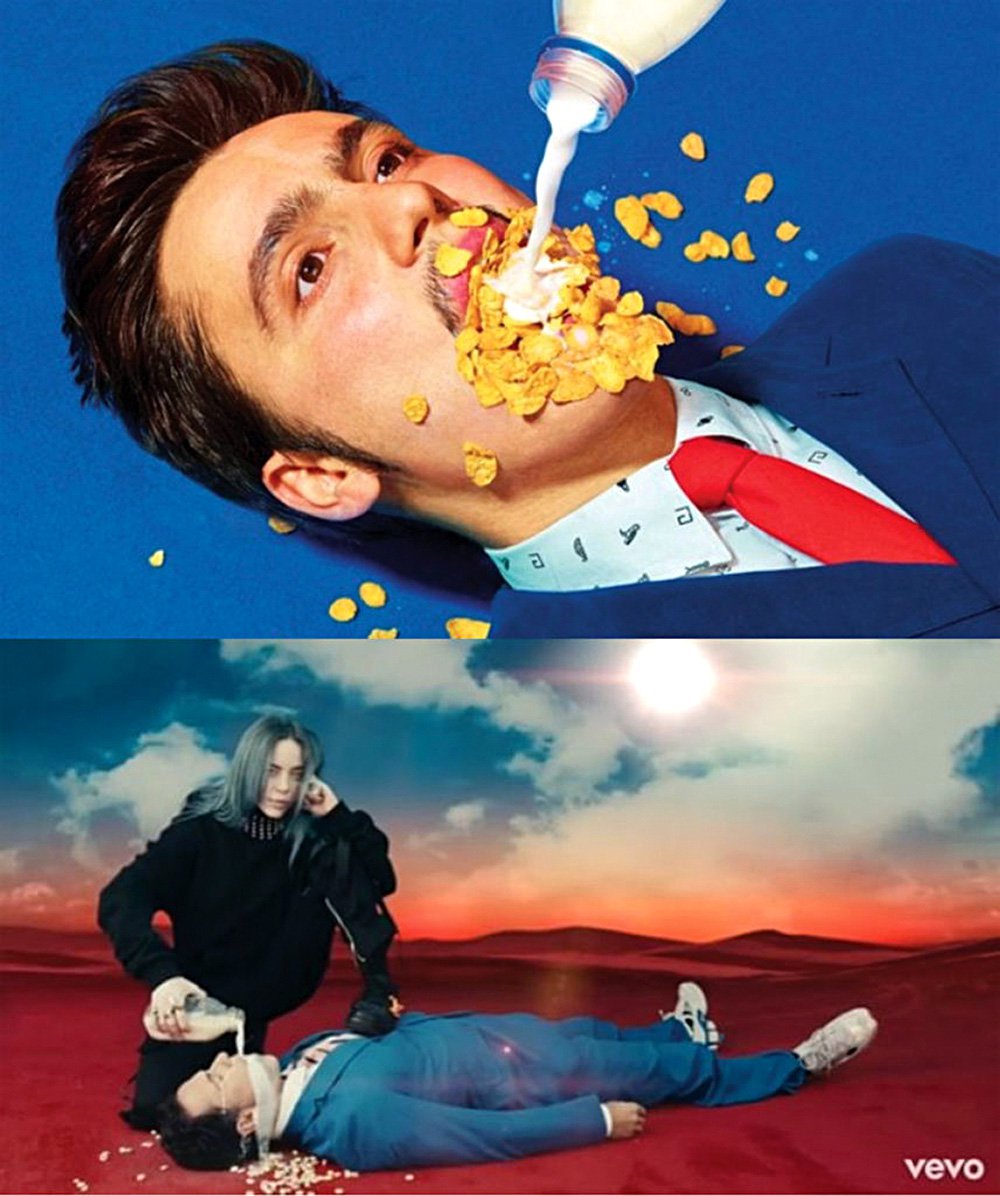 Сверху кадры из Toiletpaper, снизу — кадры из клипа Билли Айлиш. Фото: courtesy of Toiletpaper Magazine; Billie Eilish, Bad Guy screen shot