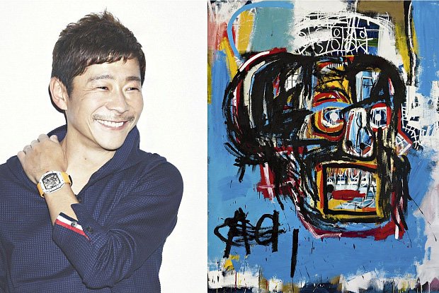 Японский миллиардер Юсаку Маэдзава (слева) и картина Жан-Мишеля Баскиа «Без названия» 1982 года (справа) стоимостью $110,5 млн © 2017 The Estate of Jean-Michel Basquiat/ADAGP, Paris/ARS