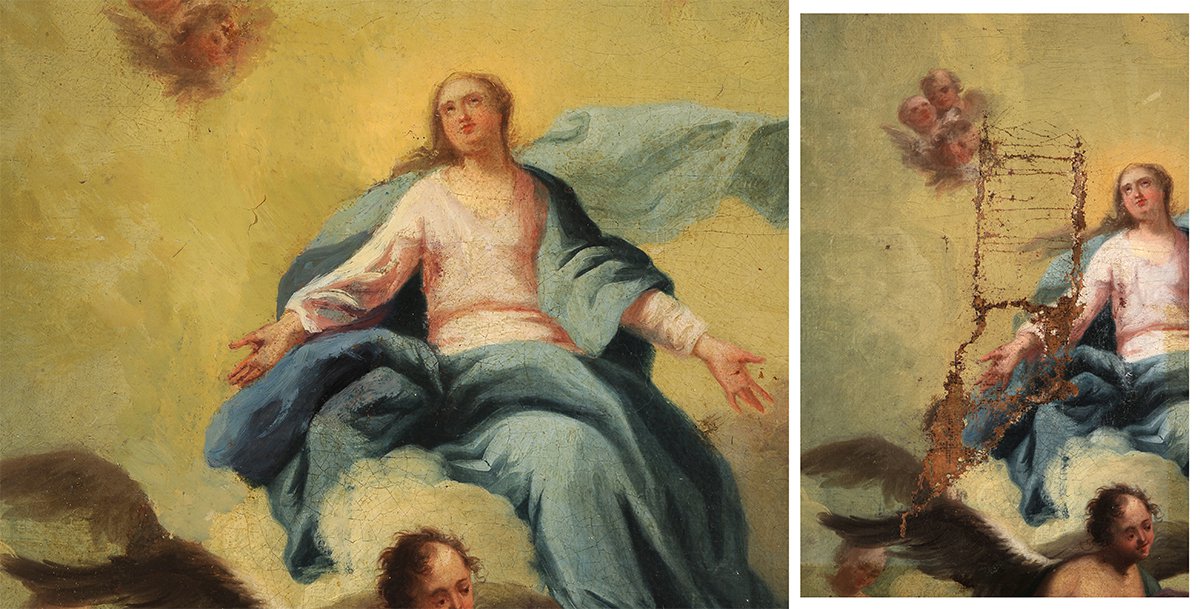 Фрагмент «Взятия Богоматери на небо» (II половина XVIII в.) Ивана Бельского до и после реставрации. Фото: Государственный Русский музей