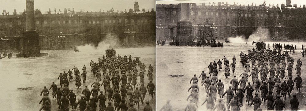 Кадр из фильма «Взятие Зимнего дворца» (слева отретушированная версия). 1920. Фото: schwingen.net