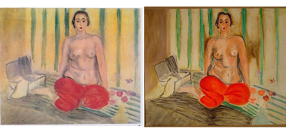 Слева: Анри Матисс, "Одалиска в красных штанах" (1925); справа: подделка в Музее Современного искусства в Каракасе (artdaily.com)