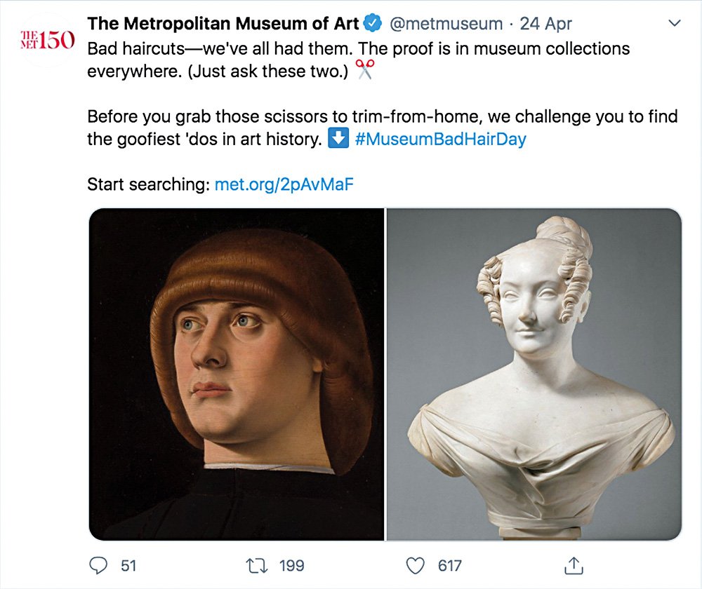 Челлендж #MuseumBadHairDay в Twitter — это кампания по поиску самых ужасных стрижек из музейных коллекций. Фото: Twitter / metmuseum