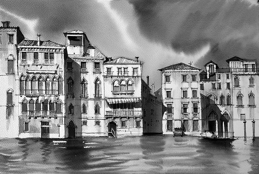 Парадный фасад Гранд-канала напротив Рыбного рынка. Венеция. Рисунок Сергея Чобана