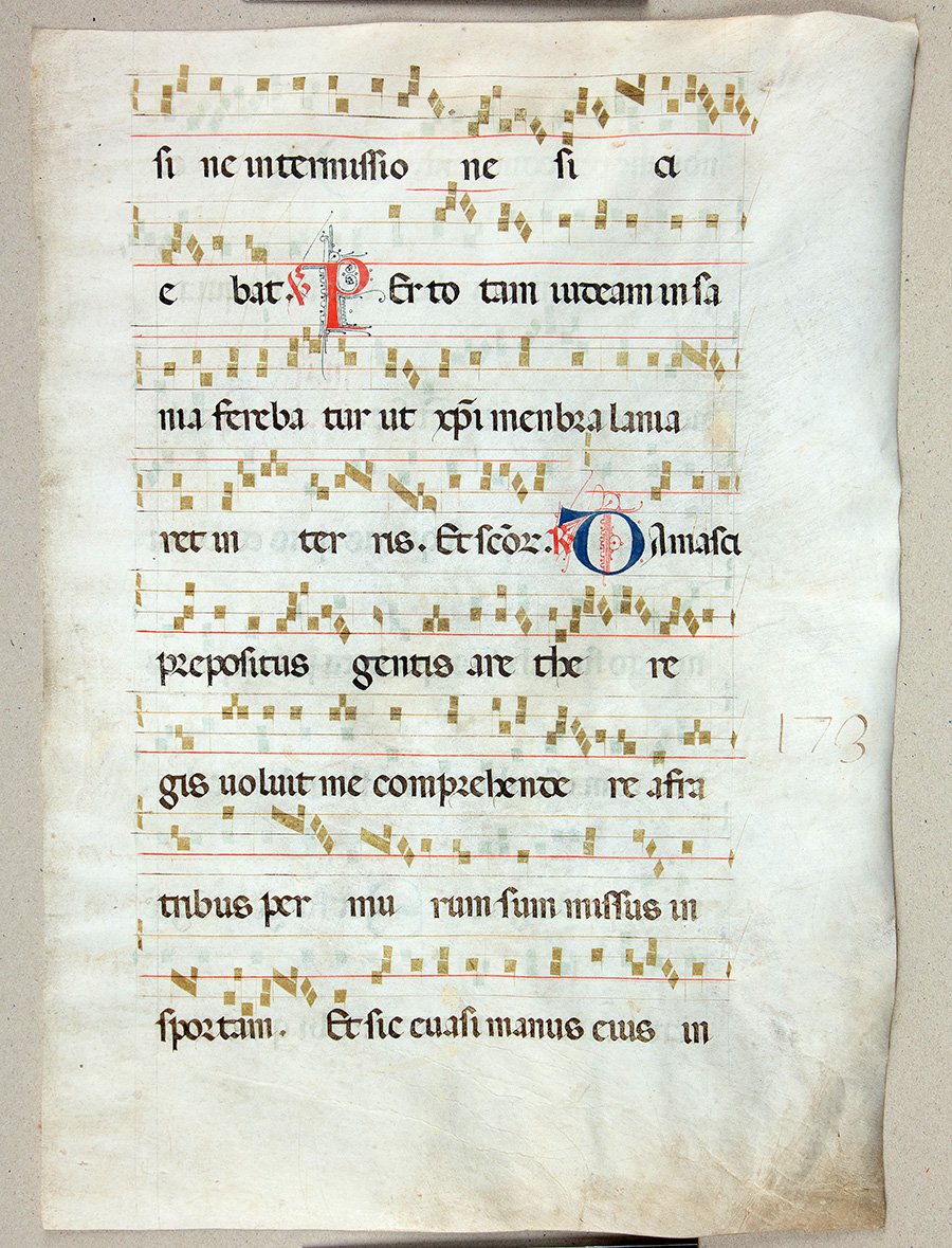 Лист из рукописного антифонария. Первая половина XIV в. Фото: Музей имени Андрея Рублева