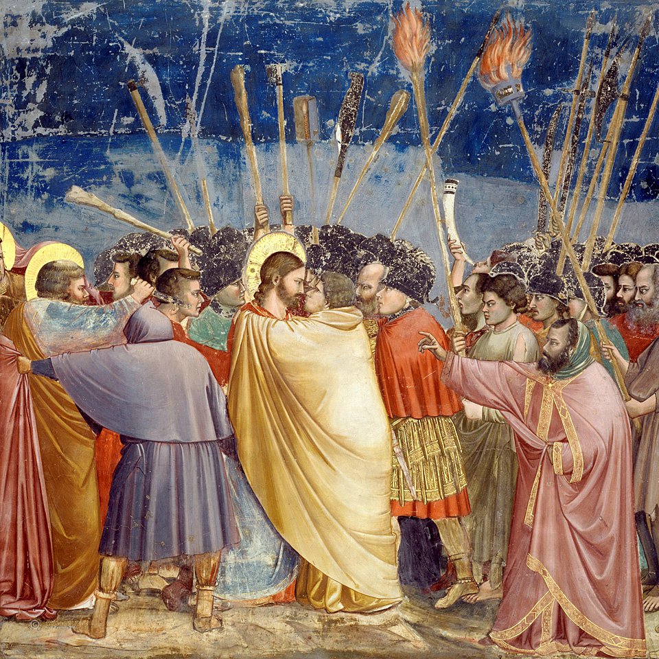 Джотто ди Бондоне. «Поцелуй Иуды (Взятие Христа под стражу)». 1305. Фото: Wikimedia Commons