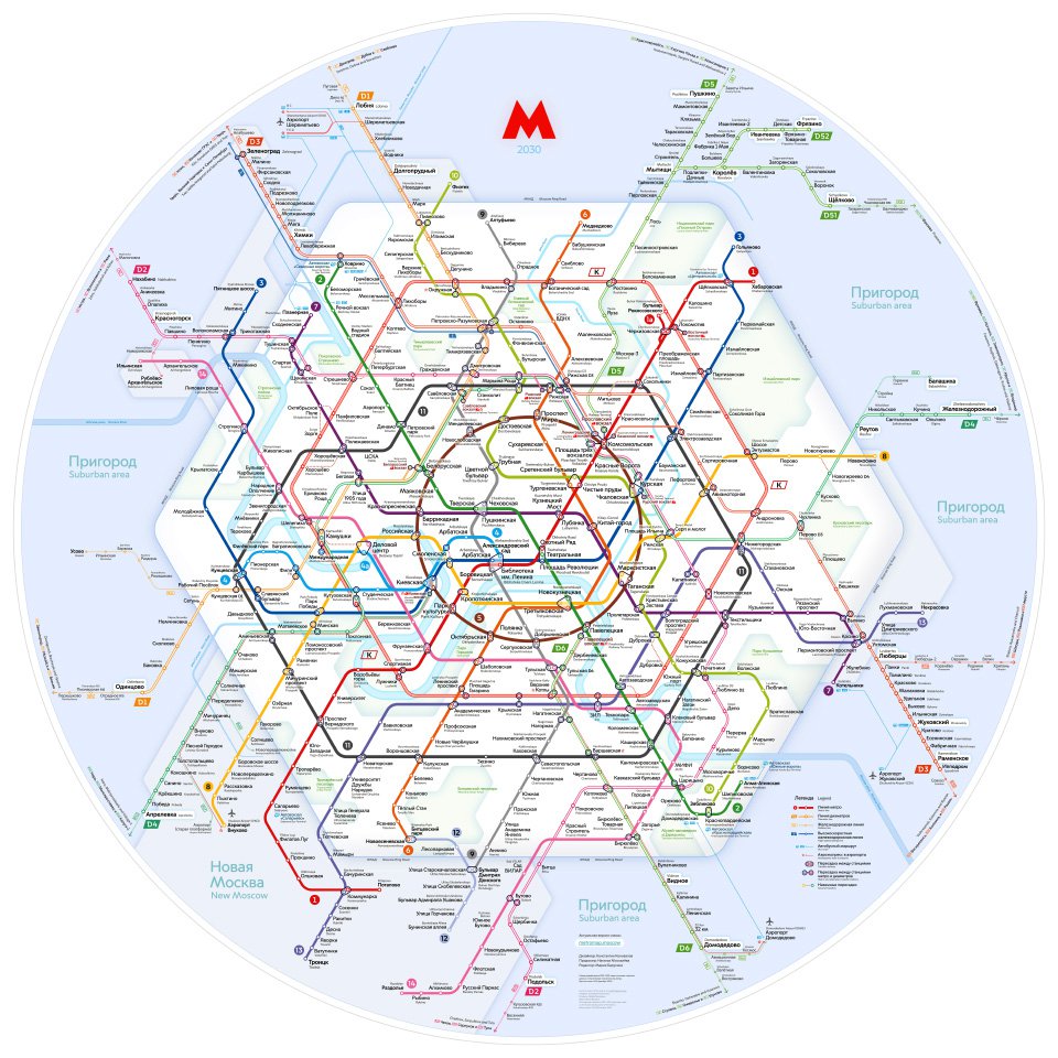 На схеме московского метро, разработанной Константином Коноваловым,  обозначены не только существующие, но и запланированные станции и ветки. Кольцевая линия обозначена кругом, а МЦК, БКЛ и контур МКАД — шестиугольниками, что значительно упрощает ориентацию. Фото: metromap.moscow