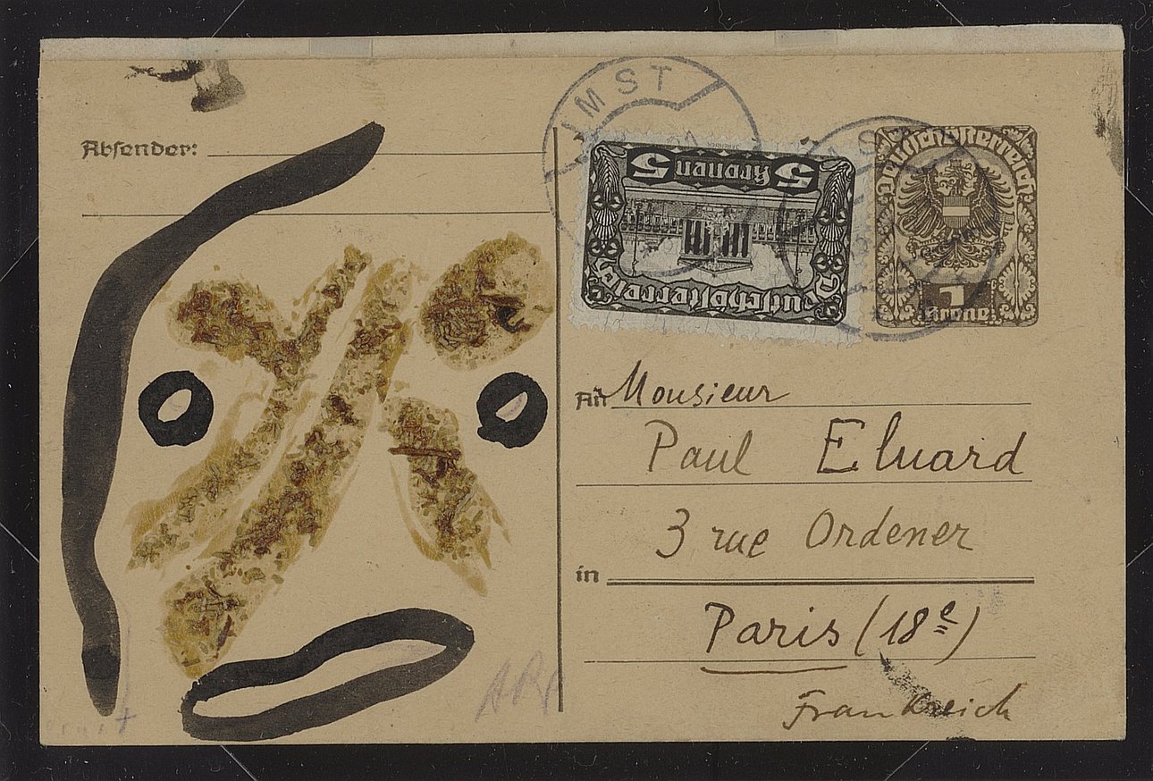 Почтовая открытка Ханса Арпа, Макса Эрнста и Тристана Тцара Полю Элюару. 1921. Кунстхаус, Цюрих