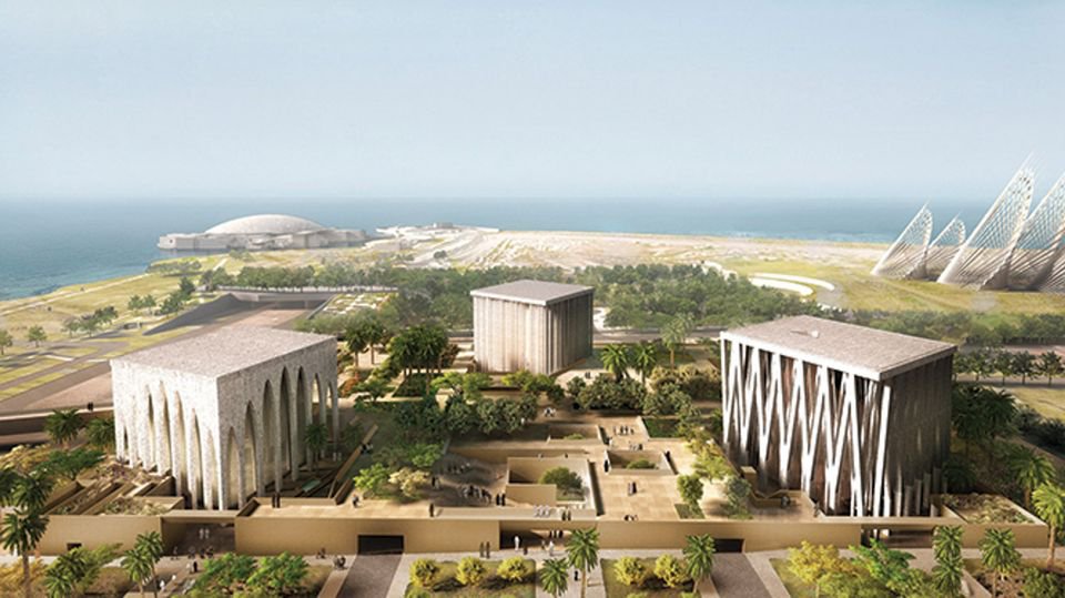 Дом авраамической семьи появится вблизи Лувра — Абу-Даби (на заднем плане) на острове Саадият в 2022 году. Фото: Adjaye Associates