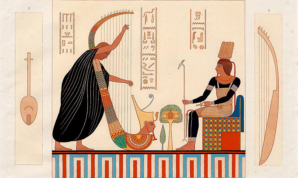 Лист из сборника «Описание Египта». Изображение слепых арфистов из гробницы Рамсеса III. 1812 – 1827. Фото: Государственный Эрмитаж