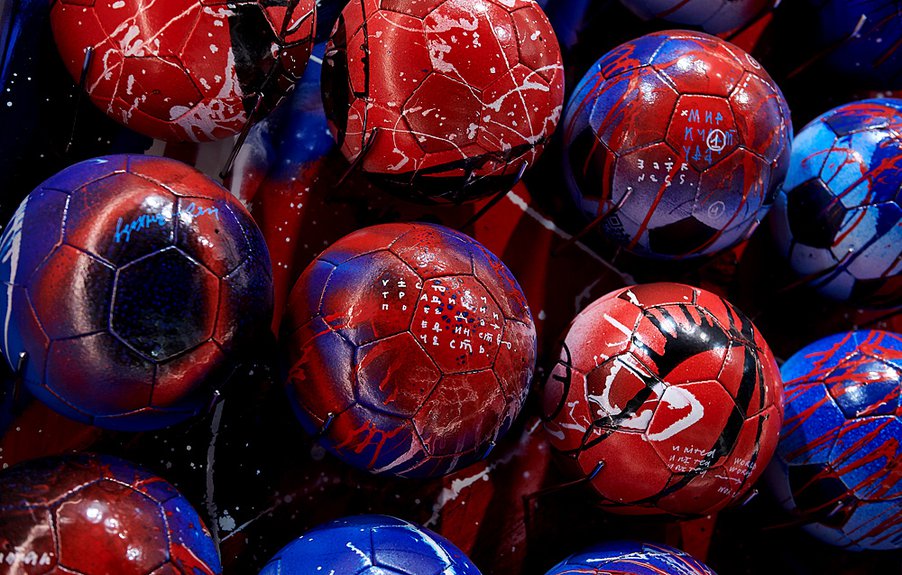 В росписи мячей несколько названий — чемпионата, компании «Газпром» и международной детской социальной программы «Футбол для дружбы», а также слова, написанные на разных языках: «любовь», «мир», «дружба» и другие. Фото: Газпром