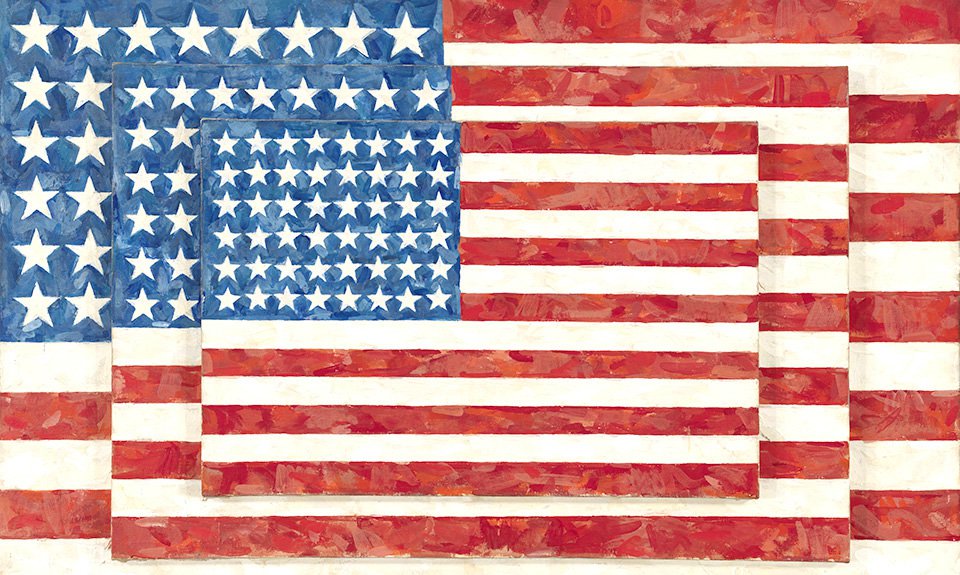 Джаспер Джонс. «Три флага». 1958. Фото: © 2021 Jasper Johns/Licensed by VAGA at Artists Rights Society (ARS), NY