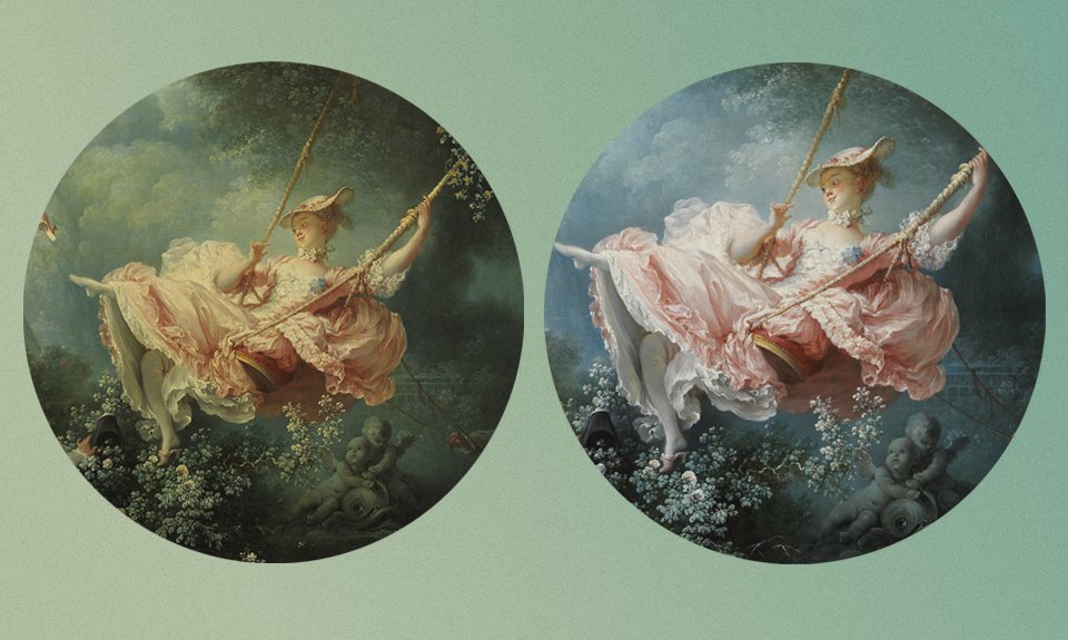 Жан Оноре Фрагонар. «Качели». Около 1767–1768. Фрагмент до и после реставрации. Фото: The Wallace Collection
