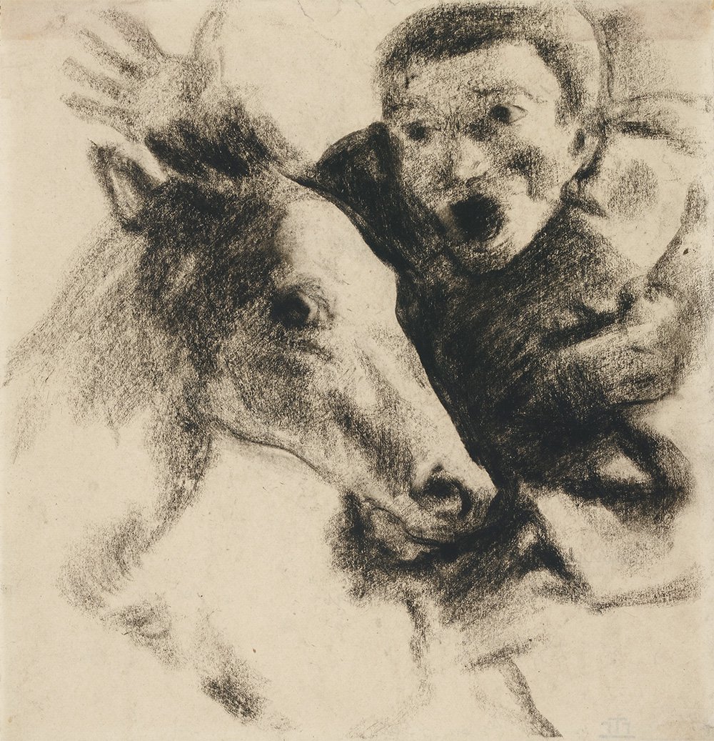 «Головы раба и лошади». Начало 1920-х. Бумага, прессованный уголь. 23,5х22,5.  Государственная Третьяковская галерея