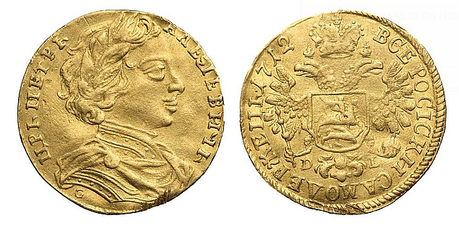 Чрезвычайно редкий золотой червонец 1712 г., состояние XF без обозначения номинала.