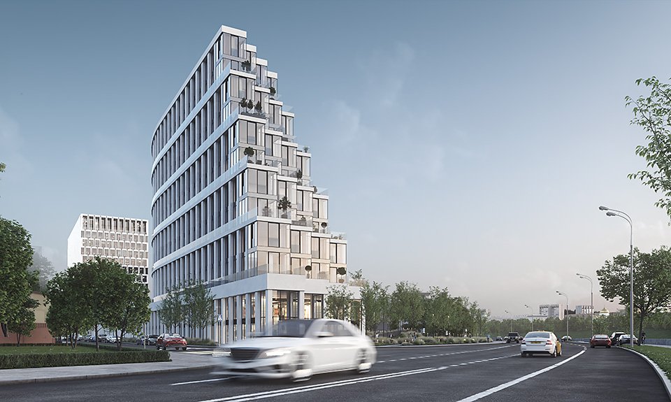 Фасад дома OPUS, повторяющий изгибы Москвы-реки.  Фото: PIONEER