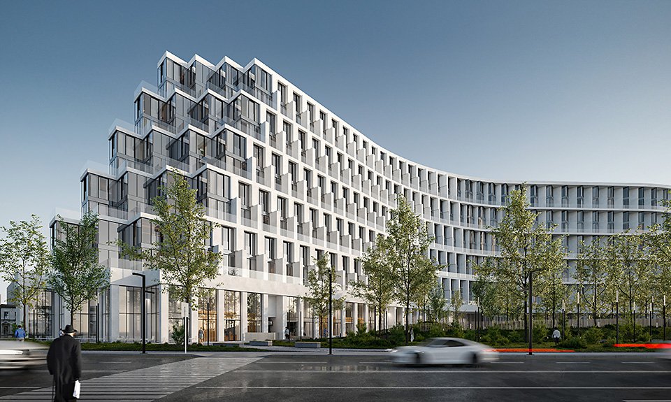 Фасад дома OPUS, повторяющий изгибы Москвы-реки.  Фото: PIONEER