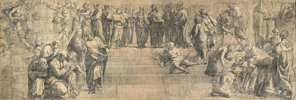 Фрагмент картона (1508) для «Афинской школы», изготовленного Рафаэлем с необычайной проработкой светотени и многих деталей. Фото: Veneranda Biblioteca Ambrosiana/Mondadori Portfoli