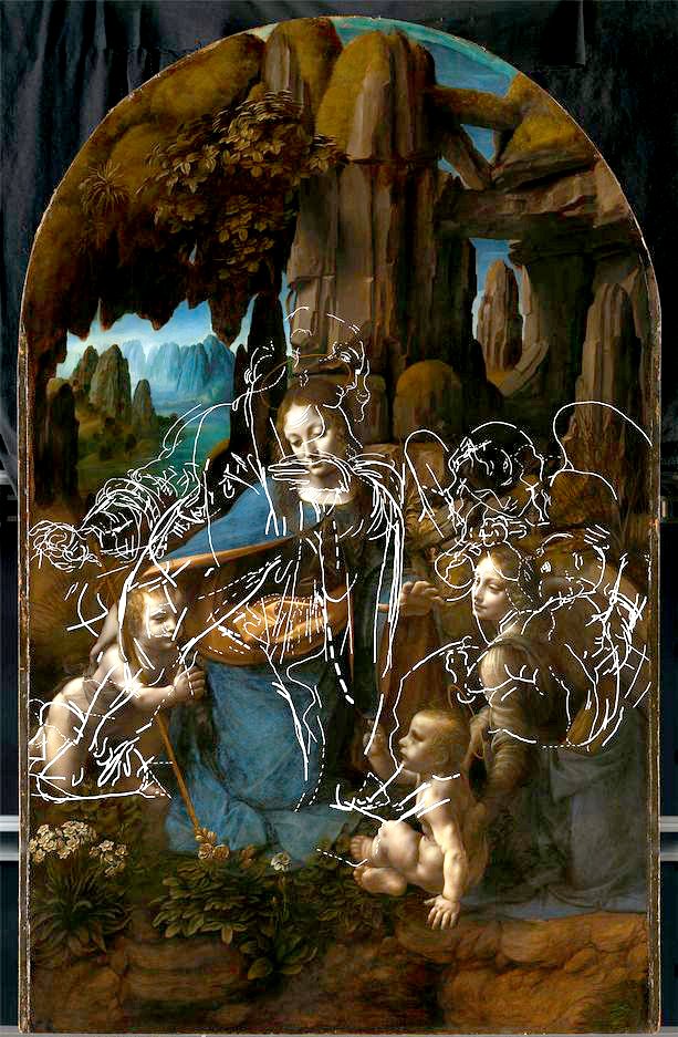 Леонардо да Винчи. «Мадонна в скалах». В первом варианте композиции младенец Иисус и ангел располагались выше. Фото: The National Gallery, Londo