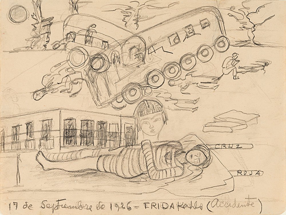 Фрида Кало. «17 сентября 1926 года — Фрида Кало»  («Авария» ). Карандашный набросок. Фото: Культурно-исторический фонд «Связь времен» и Музей Фаберже, Frida Kahlo museum
