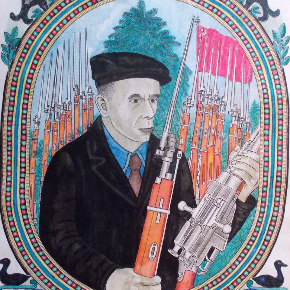 Александр Лобанов. «Автопортрет с винтовками и знаменем». 1980-е Фото: коллекция Владимира Гаврилова