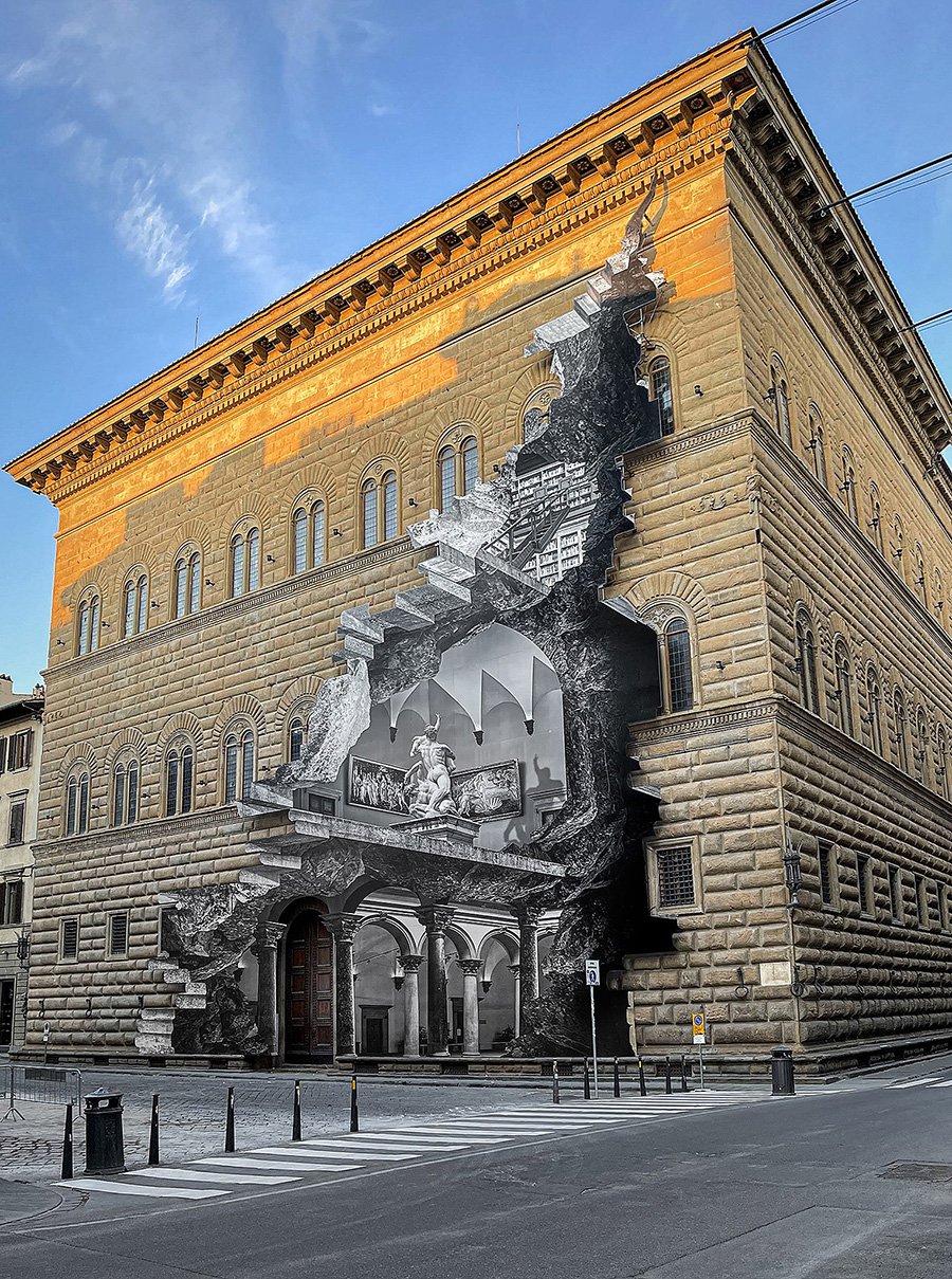 Новая работа JR под названием «Рана» на фасаде палаццо Строцци. 2021. Фото: JR/Palazzo Strozzi