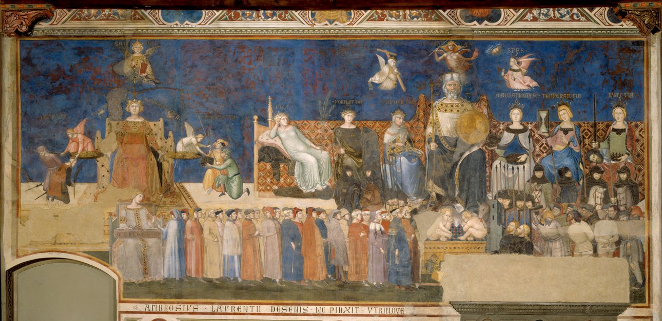 Фреска Лоренцетти, изображающая ухоженный город — пример «доброго правления», в зале Девяти в Сиенской ратуше.  Фото: Google Art Project