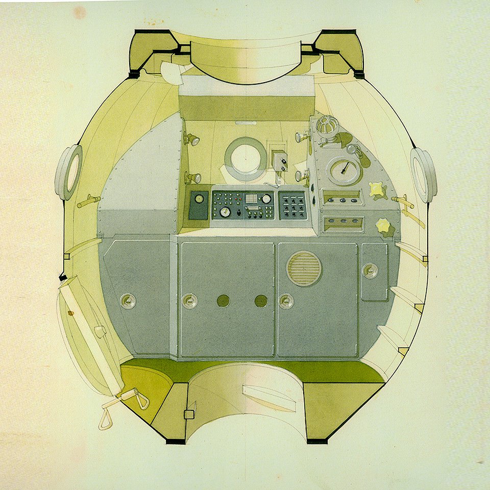 Галина Балашова. Окончательный вариант интерьера орбитального отсека корабля «Союз-Т». Левый борт. 1971. Фото: DOM publishers