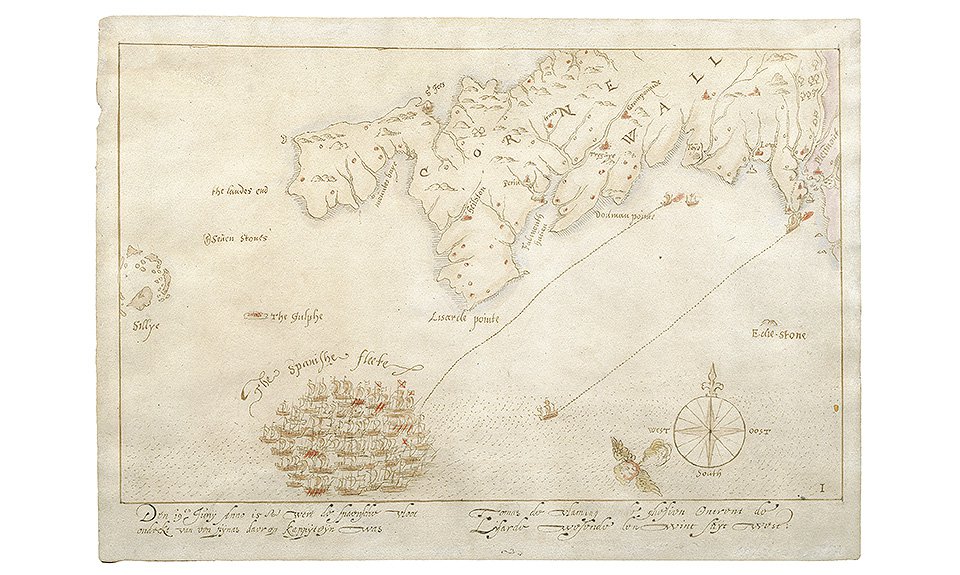 Уникальная подборка рукописных карт XVI века -  одно из самых ранних описаний провалившегося вторжения испанской Непобедимой армады в Англию. Фото: Royal Navy