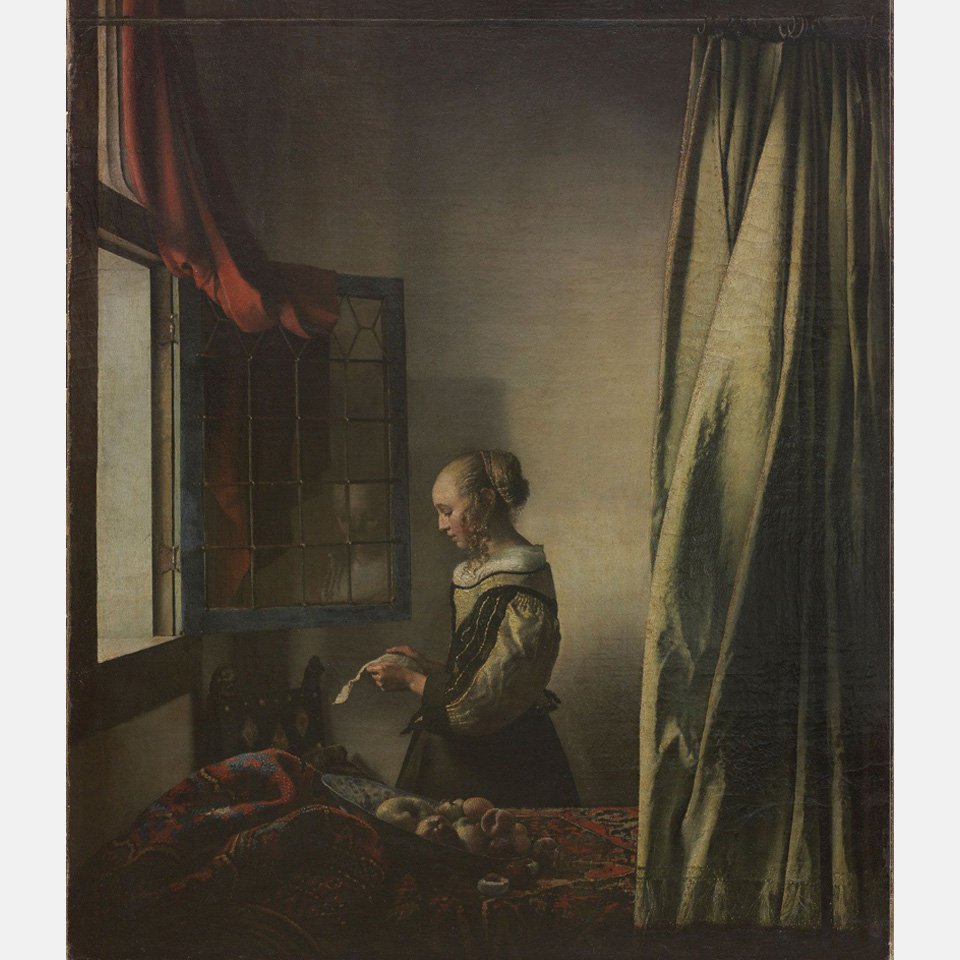 Так картина «Девушка, читающая письмо у открытого окна» выглядела до реставрации. Фото: Gemäldegalerie Alte Meister, SKD/Wolfgang Kreische