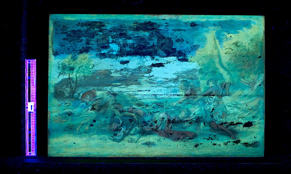 «Смерть Адониса» под ультрафиолетом, демонстрирующим все предыдущие реставрационные работы. Фото: Princeton University Art Museum
