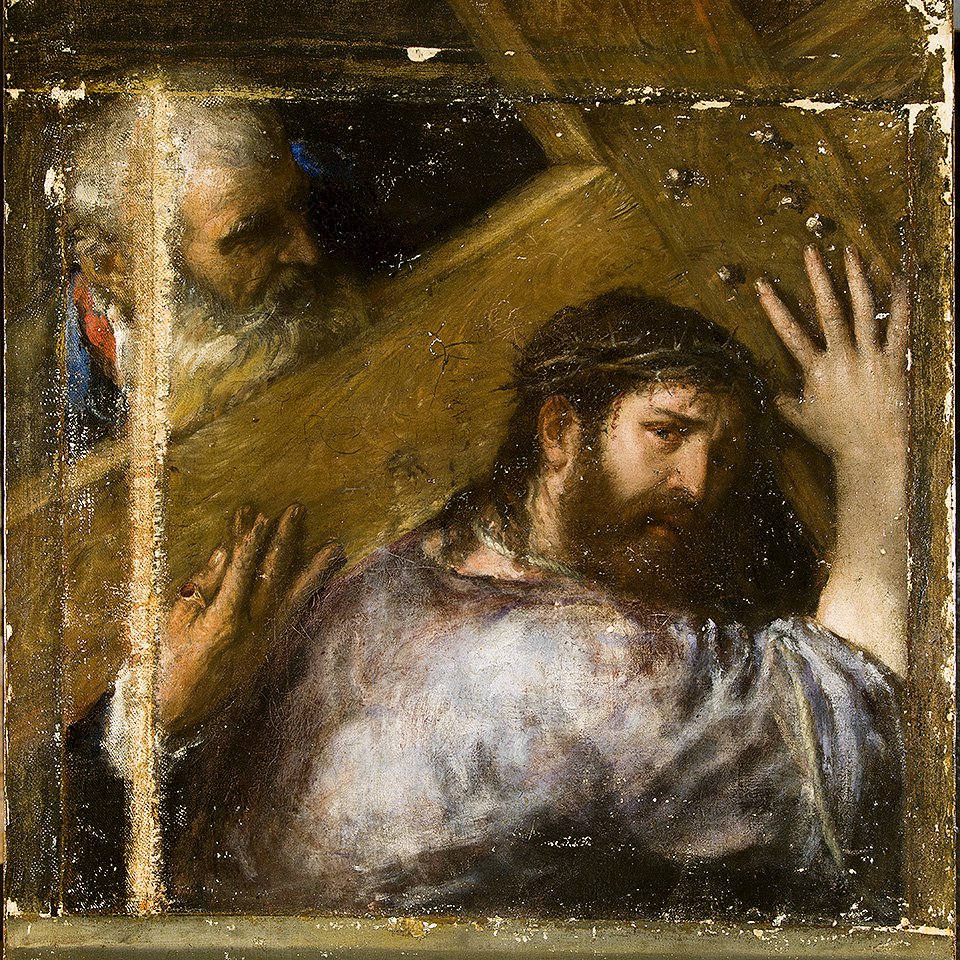 Фрагмент картины «Несение креста» в процессе реставрации. Фото: Государственный Эрмитаж