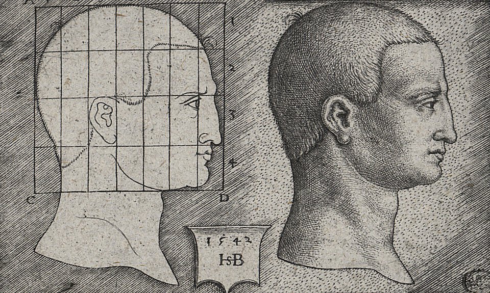 Альбрехт Дюрер. Этюд мужской головы, слева чертеж с пропорциями. Фото: Государственный Эрмитаж