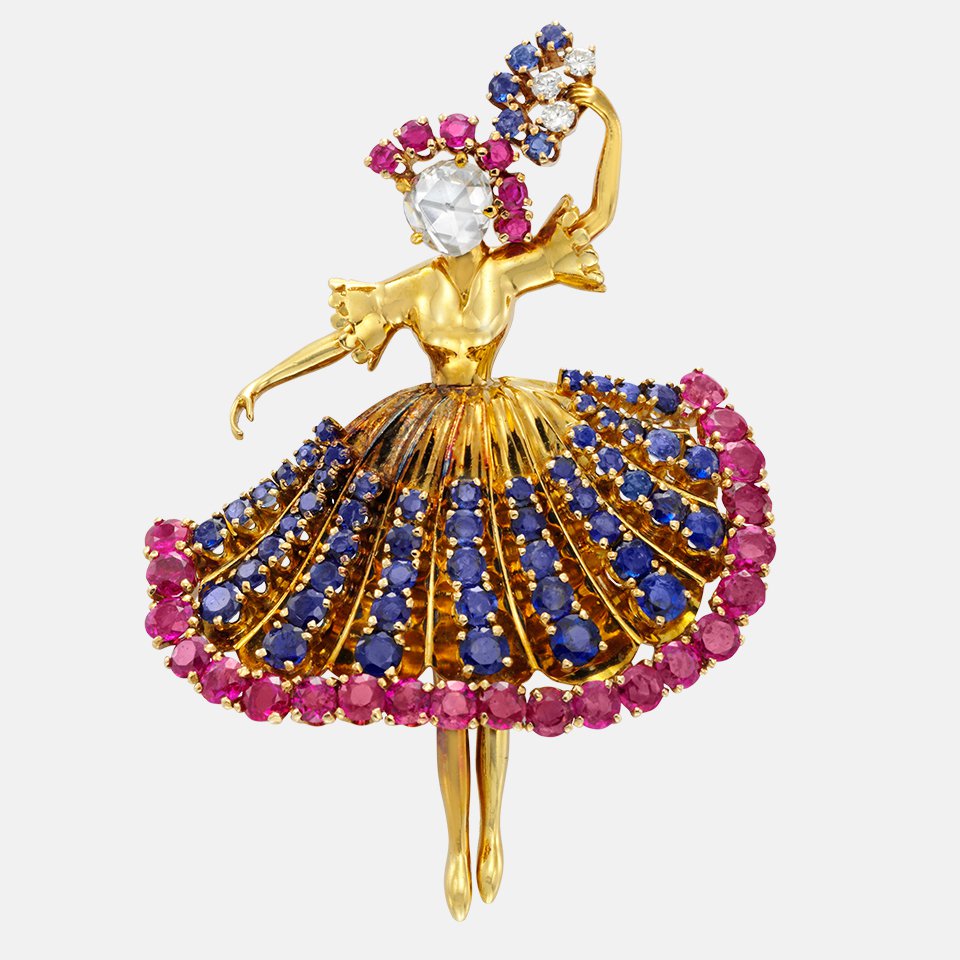 Брошь Ballerina. 1945. Желтое золото, сапфиры, рубины, бриллианты. Фото: Van Cleef & Arpels