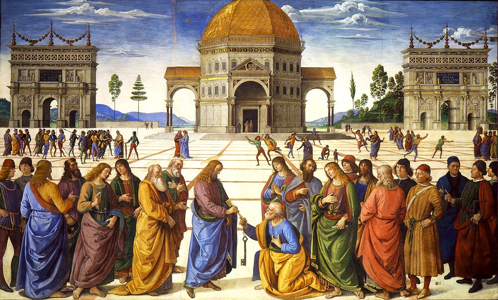 Пьетро Перуджино. «Вручение ключей апостолу Петру». Около 1482. Фрагмент фрески. Фото: Vatican Museum