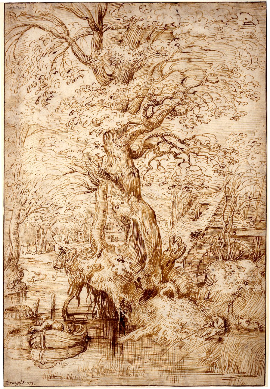 Питер Брейгель Старший. «Пейзаж с рыбаком на реке под большим деревом».  Фото: Royal Library of Belgium, Print Room