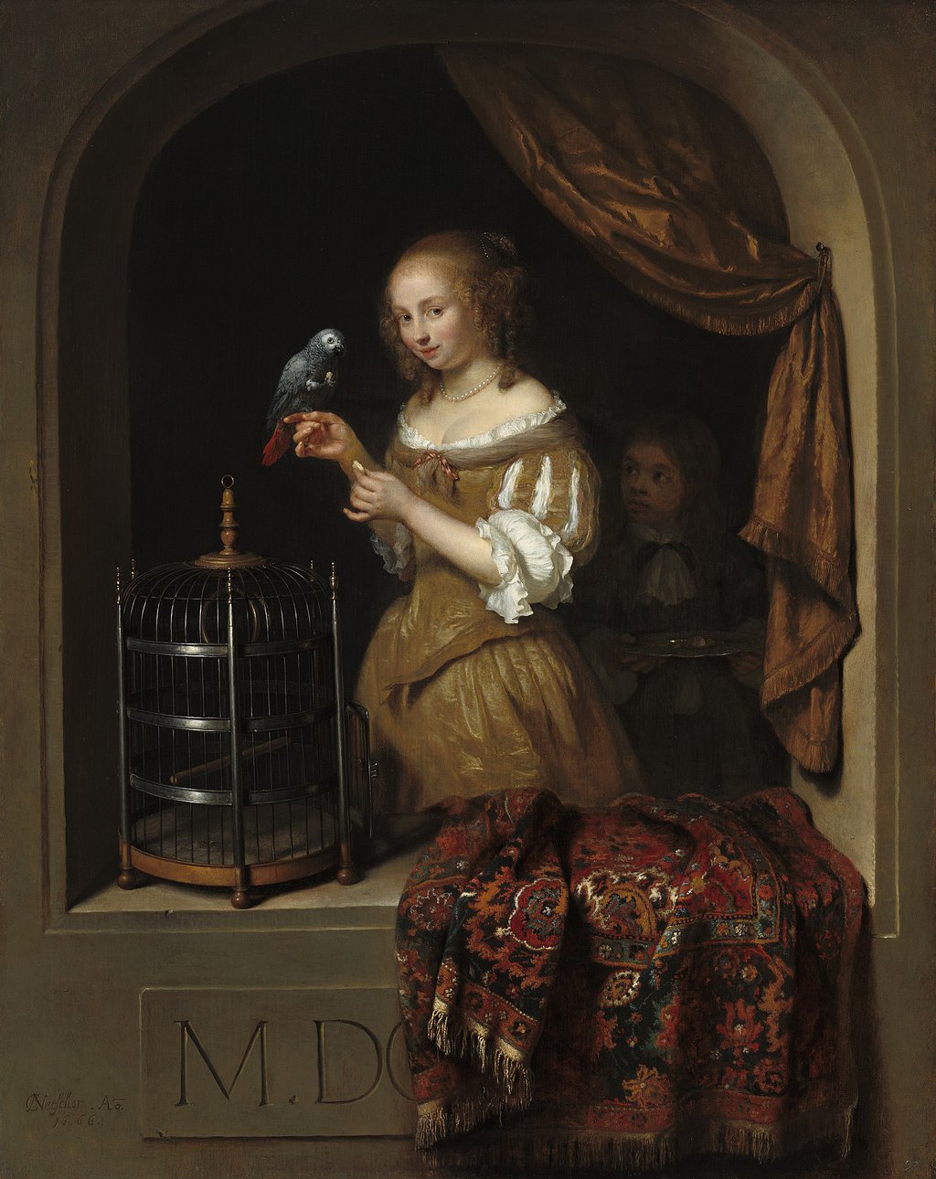 Каспар Нетшер. "Девушка с попугаем". 1666