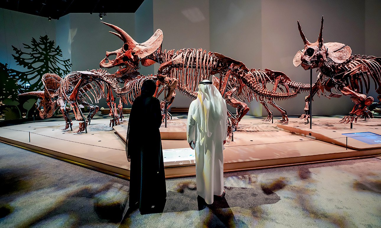 Скелеты разнообразных динозавров встречают публику уже в фойе NHMAD.  Фото: Natural History Museum Abu Dhabi