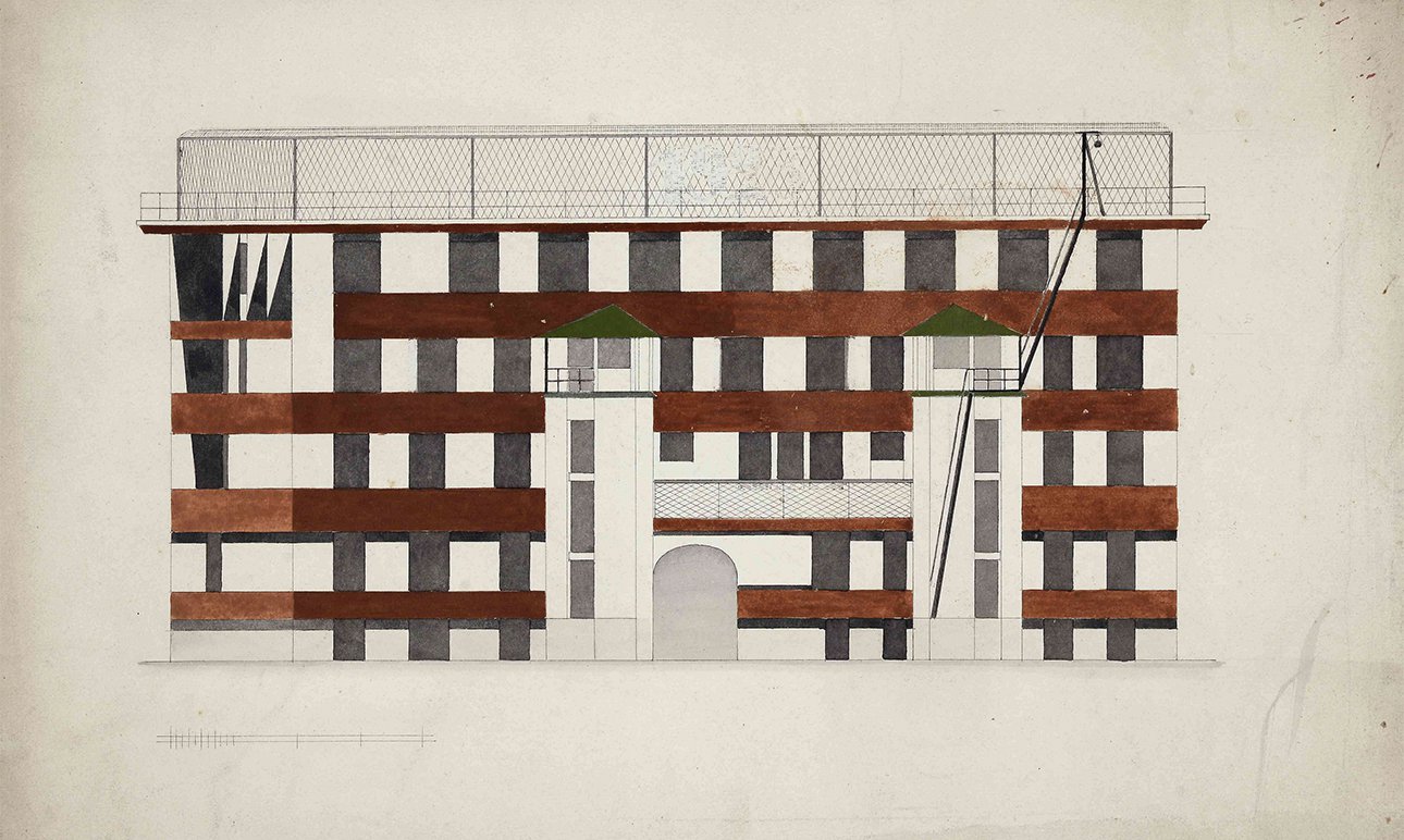 Алексей Рухлядев. Проект реконструкции и надстройки жилого дома. Фасад. 1923.  Фото: Государственный научно-исследовательский музей архитектуры имени А.В.Щусева