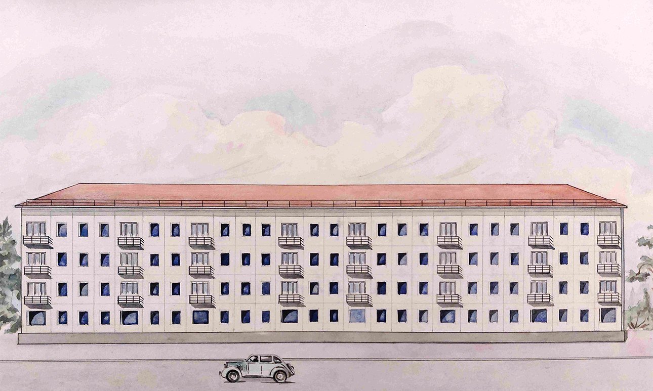 Николай Розанов. Эскиз экспериментального панельного дома в Выксе. Фасад. 1958. Фото: Государственный научно-исследовательский музей архитектуры имени А.В.Щусева