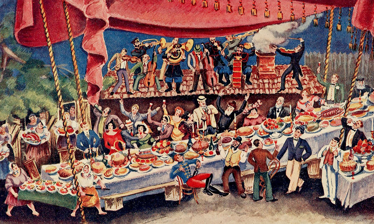 Вырезка из журнала «Театр и драматургия». Я. Штоффер. Эскиз 8-й картины («Свадьба») спектакля Белорусского ГОСЕТа «Закат». 1935.  Фото: Еврейский музей и центр толерантности