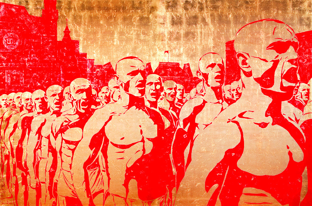Алексей Беляев-Гинтовт. «Красный марш». 2007. Сусальное золото, красная типографская краска, ручная печать на холсте. 220x397 см. Courtesy of Triumph Gallery