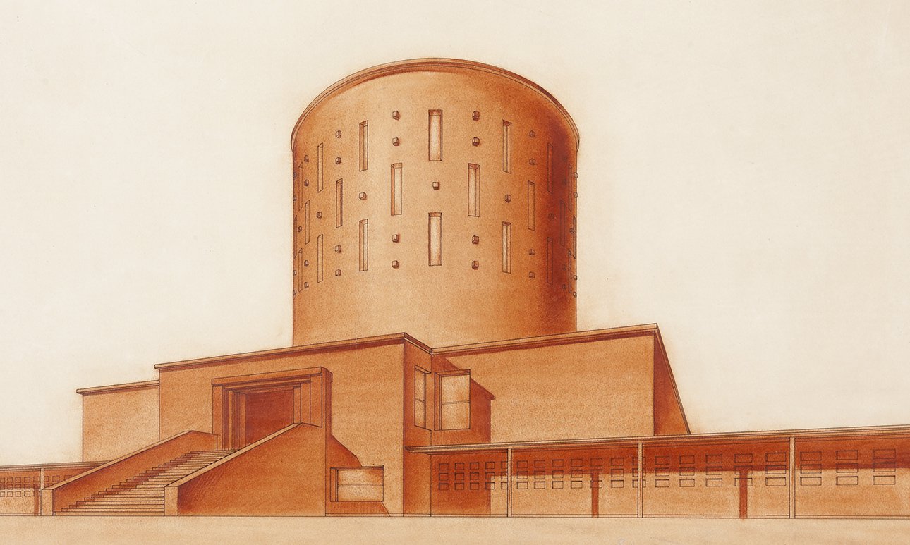 Александр Гегелло, Давид Кричевский. Проект крематория в Ленинграде. Перспектива со стороны главного фасада. 1926–1927.  Фото: ГМИ СПБ